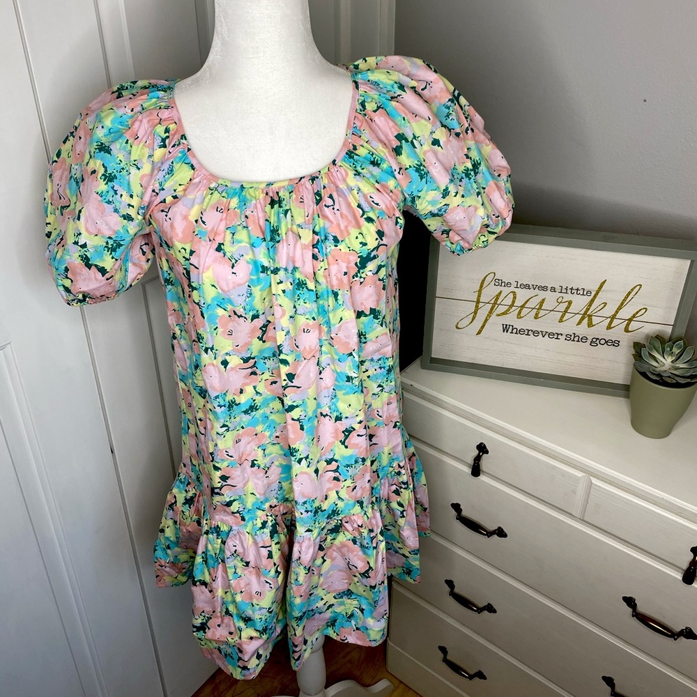 GB Gianni Bini Pastel Pink Blue Floral Drop Hem Short Sleeve Dress - Size Small